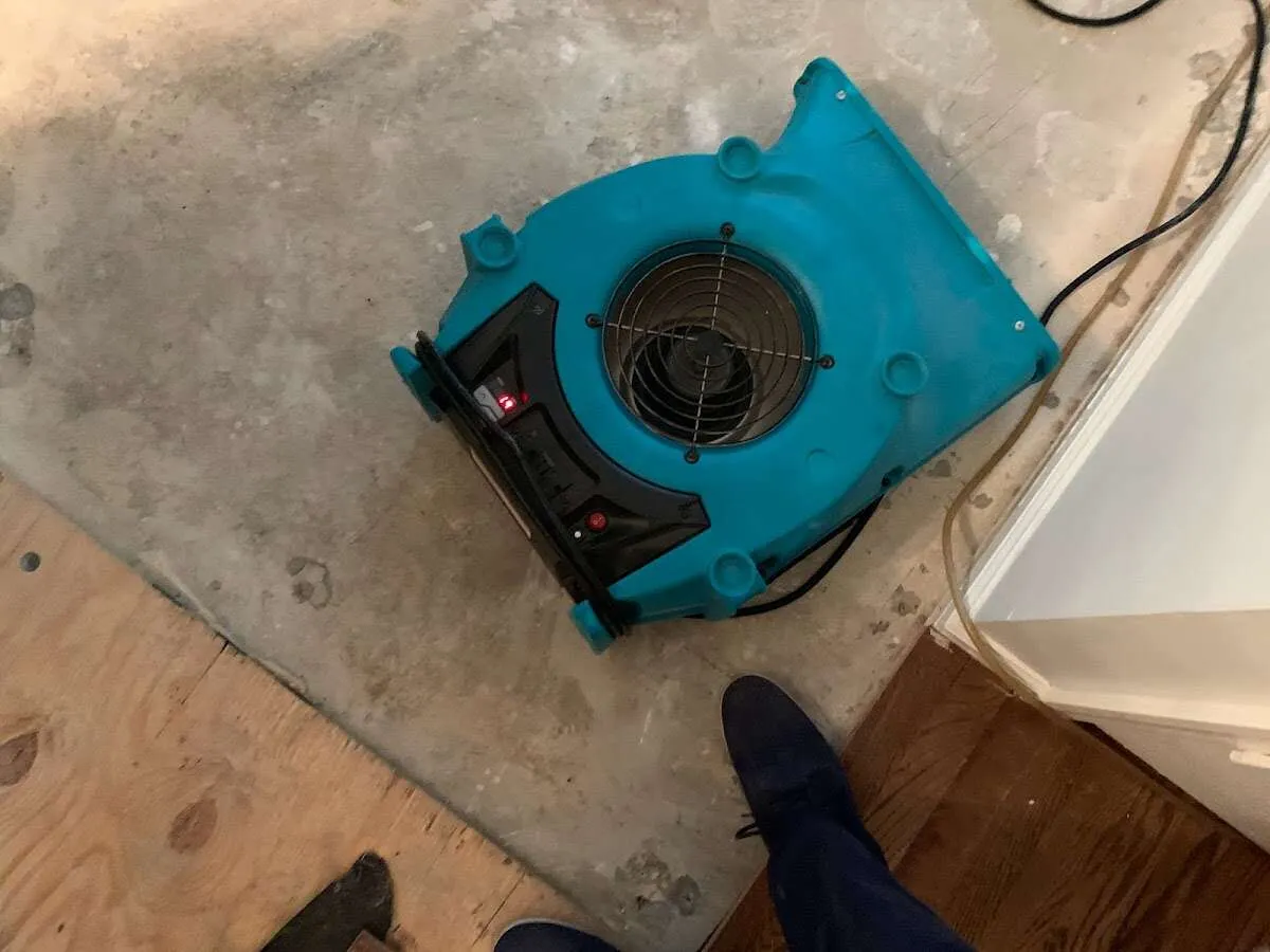 Air mover drying subfloor during Commercial Water Damage Restoration in Lenoir